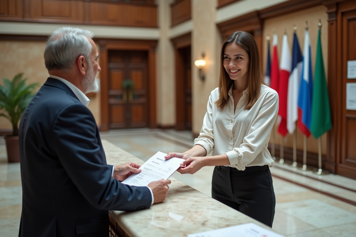 Jeune femme au comptoir d information dans un consulat