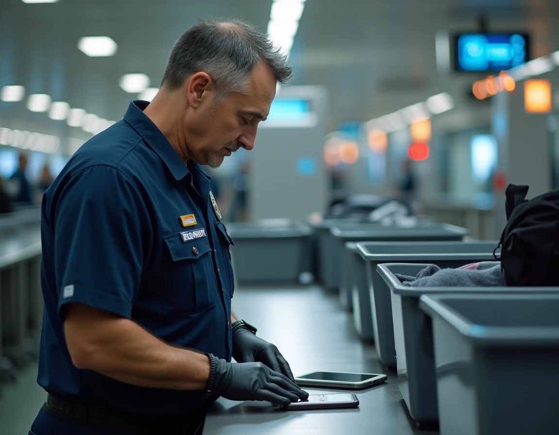 Agent de sécurité TSA contrôlant les bagages sur tapis roulant à l'aéroport de New York