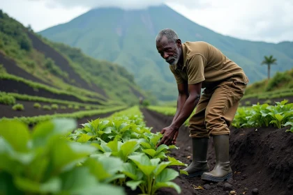 Agriculteur congolais cultivant des terres fertiles en sol volcanique au pied du Nyiragongo, RDC