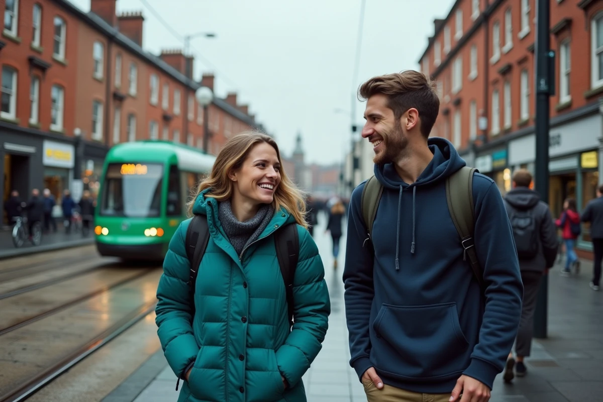 Deux amis descendant du tramway Luas à l'arrêt Trinity College à Dublin, tram vert en arrière-plan