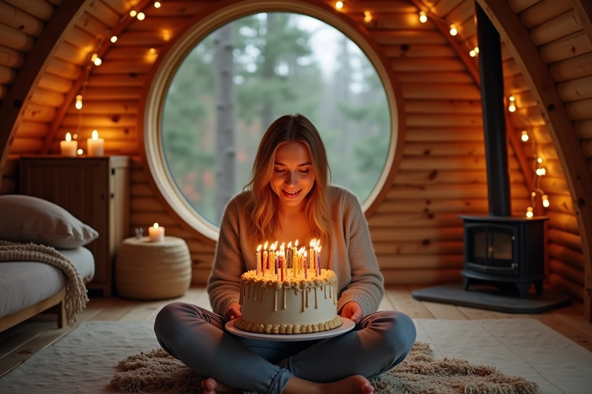 Femme soufflant ses bougies d'anniversaire dans une cabane dans les arbres insolite en région parisienne
