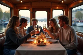 Groupe d'amis fêtant un anniversaire dans une péniche insolite amarrée sur la Seine à Paris