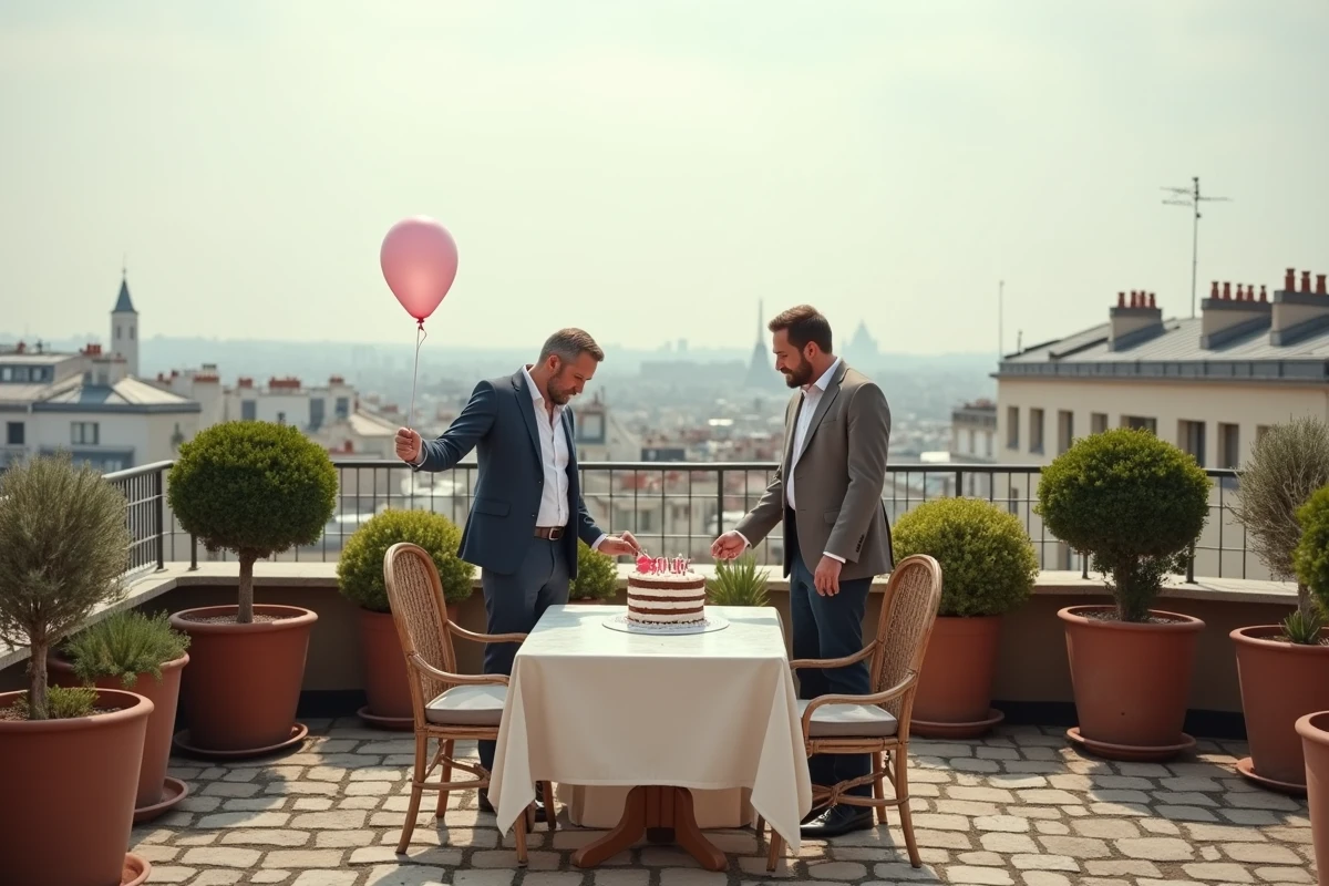 Deux hommes célébrant un anniversaire sur la terrasse d'un loft insolite avec vue sur les toits de Paris