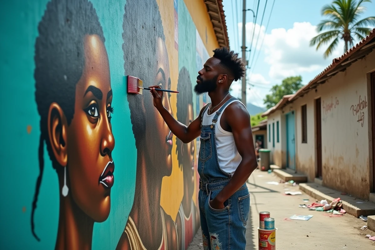 Jeune artiste jamaïcain peignant une fresque de street art monumentale dans une ruelle de New Kingston