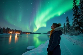 Voyageuse admirant les aurores boréales au-dessus d'un lac gelé en Laponie finlandaise