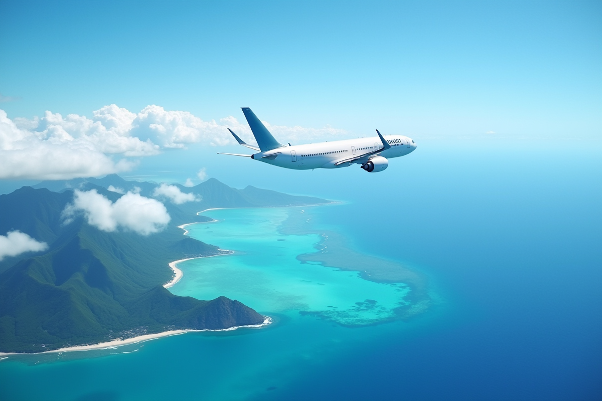 Avion survole la côte turquoise de La Reunion avec montagnes vertes