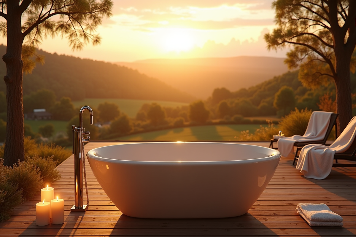 Bain extérieur sur terrasse en bois avec vue campagne