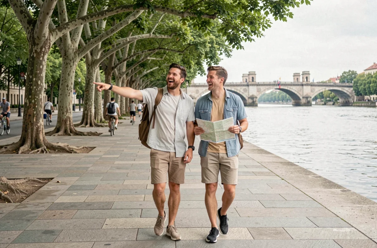 Couple se promenant le long de la promenade du Danube à Vienne entourés d'arbres et de cyclistes