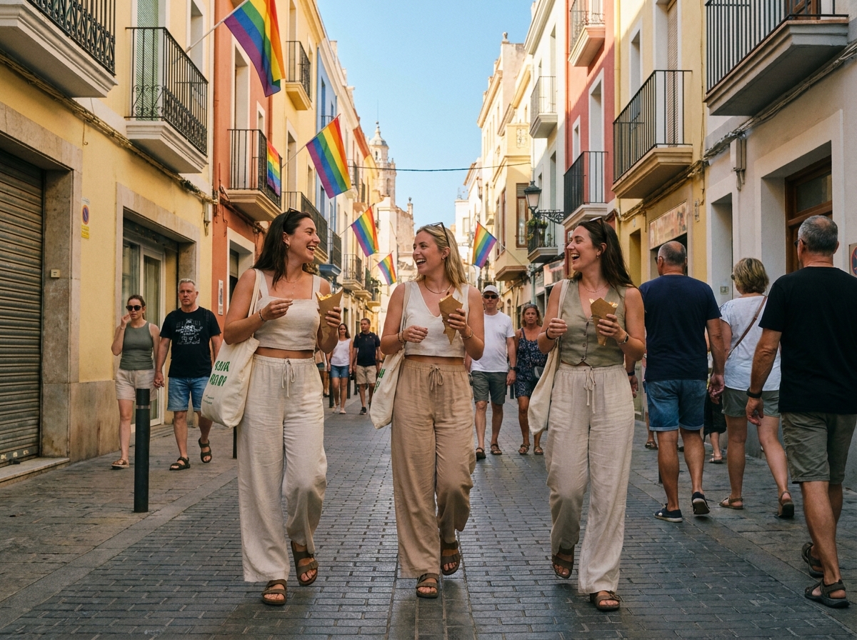 Trois amies queer se promenant dans une rue décorée de drapeaux arc-en-ciel à Sitges lors d'un voyage entre copines