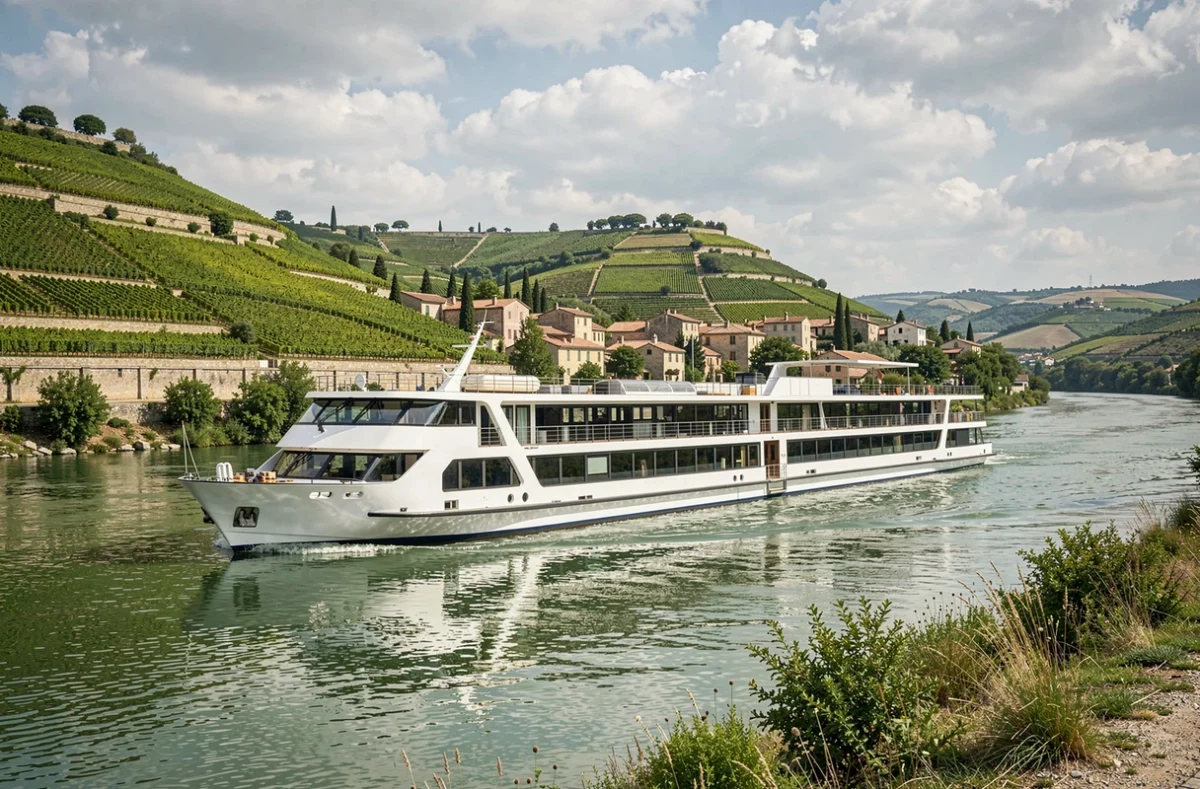 Bateau de croisière fluviale naviguant sur le Rhône avec vignobles en terrasses et village provençal en arrière-plan