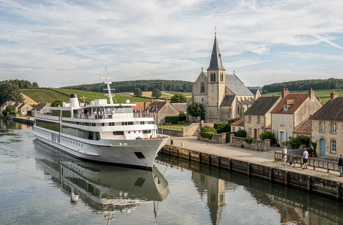 Bateau de croisière fluviale amarré au quai d'un village médiéval en Gironde avec des passagers observant le paysage