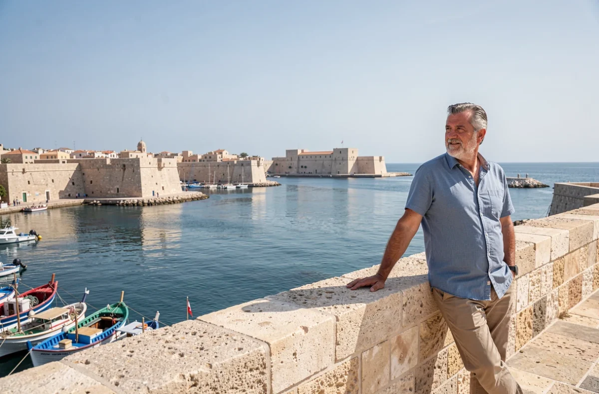 Visiteur admirant la vue panoramique sur le Grand Harbour depuis le belvédère de Gardjola Gardens à Senglea