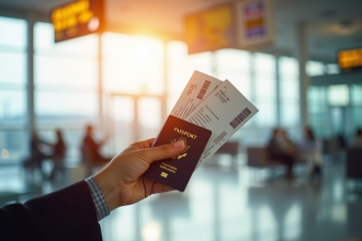 Main tenant billets d avion et passeport dans un aéroport lumineux