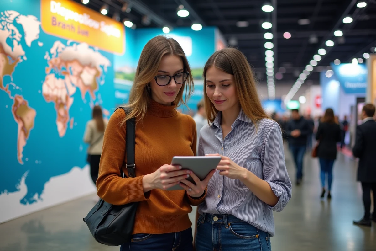 Deux blogueuses voyage consultant une tablette devant un stand d'exposition lors d'un salon professionnel