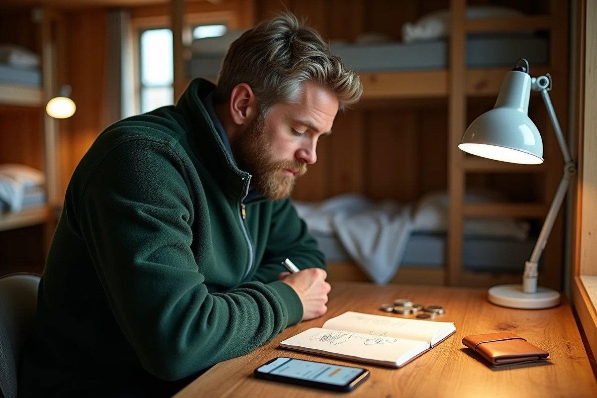Voyageur planifiant son budget voyage en Finlande dans un auberge de jeunesse confortable