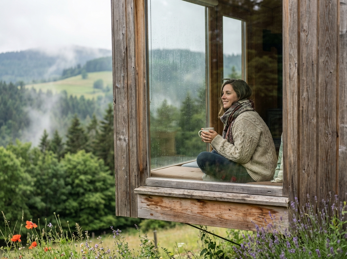 Femme relaxant dans une cabane Vosges avec vue panoramique