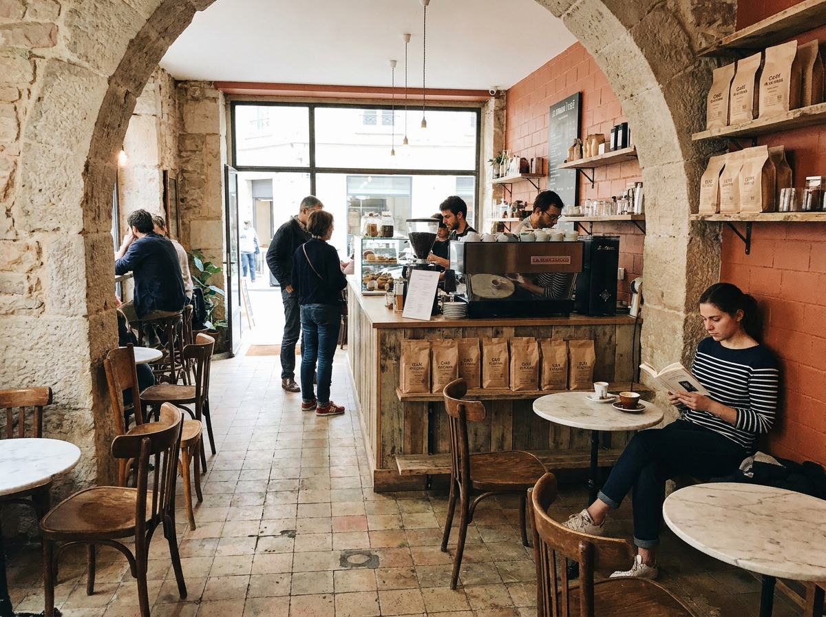 Intérieur chaleureux d'un café indépendant de la Croix-Rousse à Lyon avec murs en briques apparentes, arches en pierre et une jeune femme lisant un livre