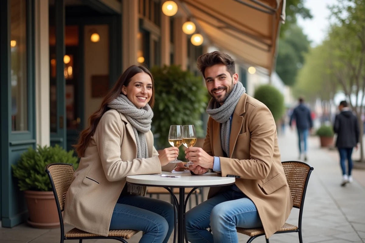 Jeune couple trinquant au café à Arcachon