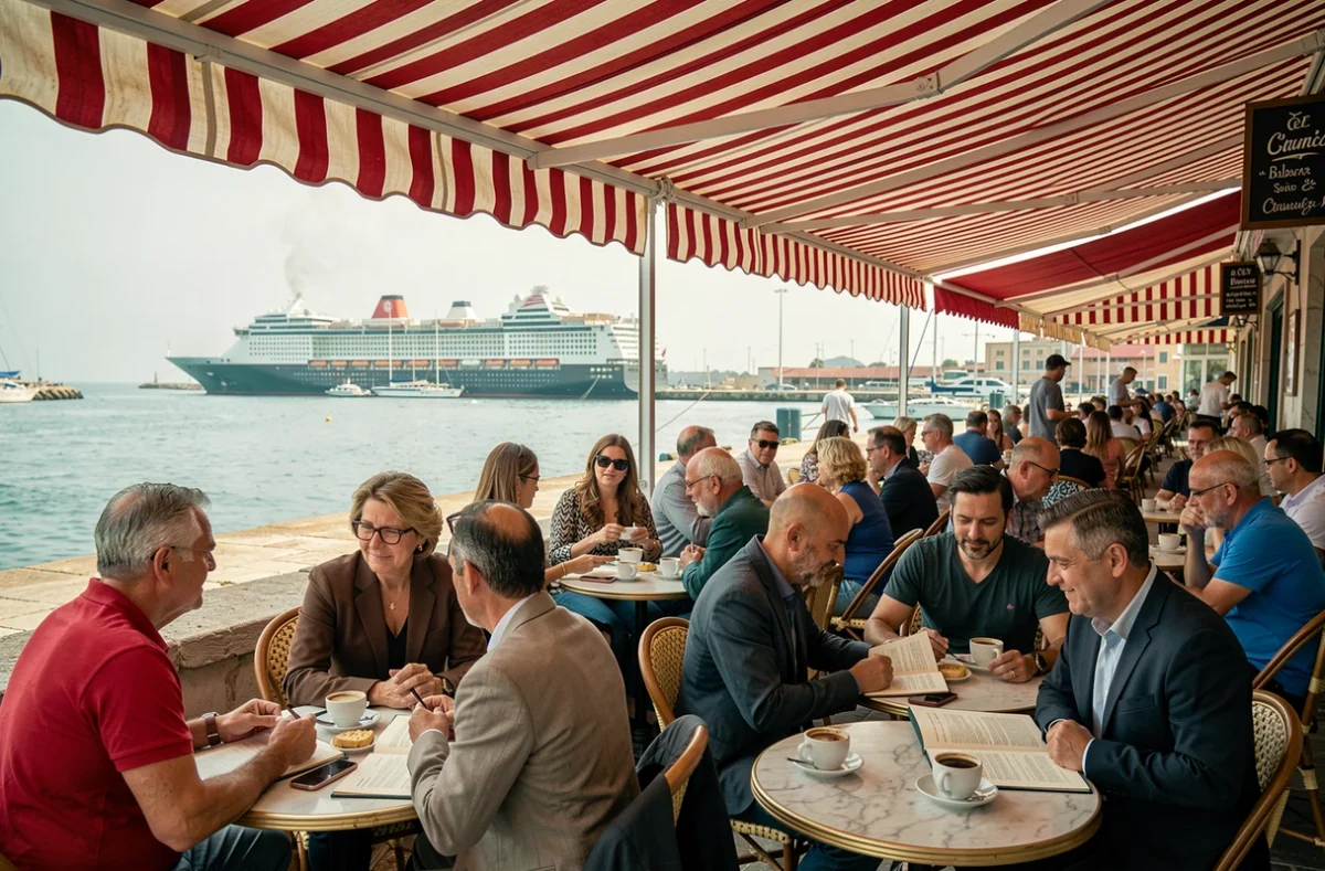 Terrasse de café animée au bord du canal de Sète avec vue sur le port de croisière