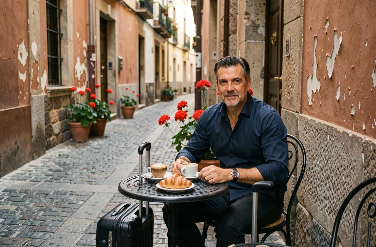 Voyageur avec valise savourant un café en terrasse dans une ruelle pittoresque du centre de Madrid après son arrivée à l'aéroport