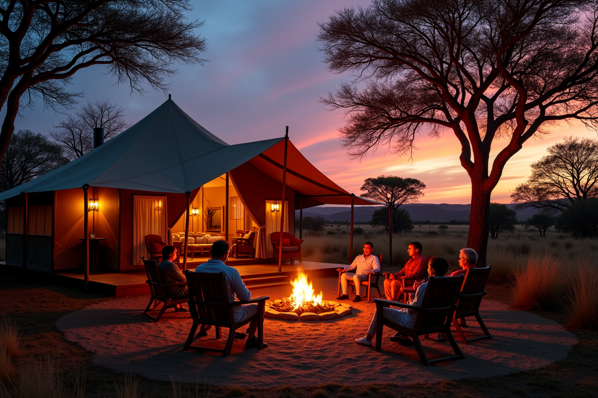 Campement de tentes élégantes au coucher du soleil au Kruger