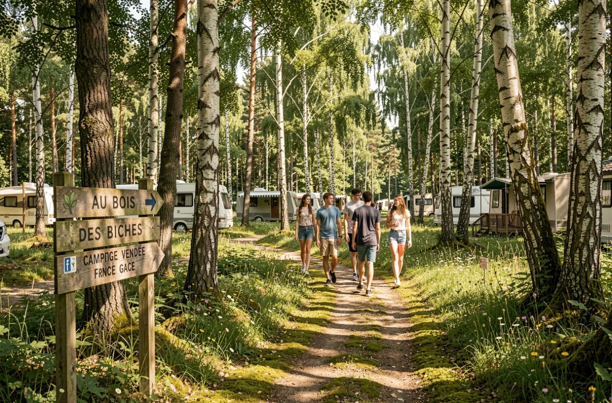 Sentier de nature boisé au camping Au Bois des Biches en Vendée avec adolescents en balade et panneau rustique en bois