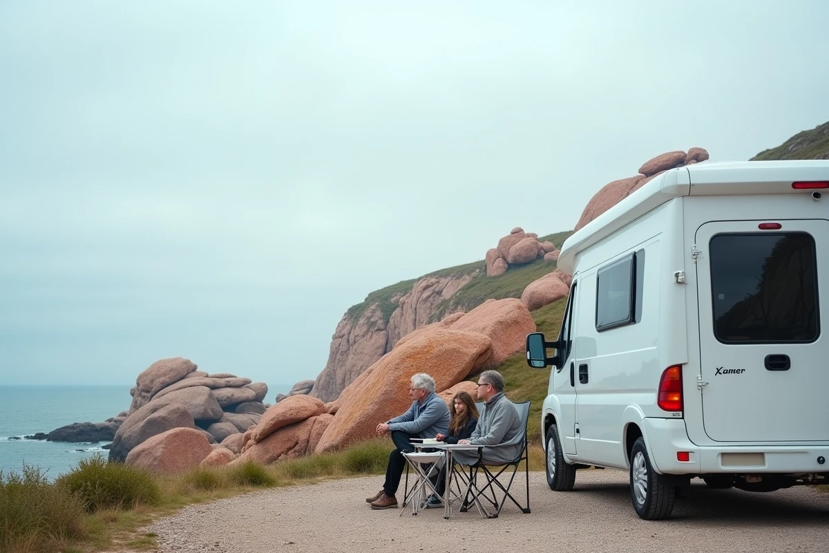 Camping-car stationné sur une aire avec vue sur les rochers de granite rose en Bretagne, couple assis dehors face à la mer