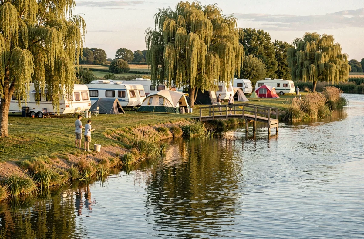 Famille pêchant au bord de la rivière au camping Le Caravan'Ile en Vendée avec caravanes, tentes et passerelle en bois sur l'île