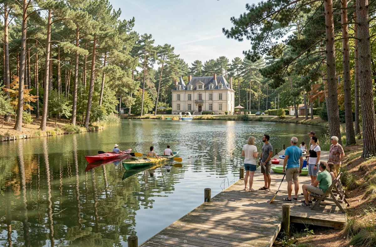 Le lac naturel et le château du camping La Garangeoire en Vendée avec kayaks et promeneurs sur le ponton en bois