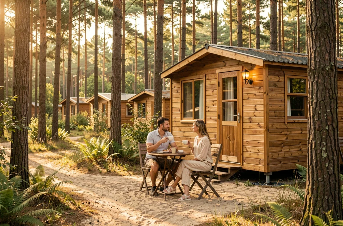 Couple se relaxant devant un chalet en bois au camping La Forêt en Vendée entouré de pins et de végétation naturelle