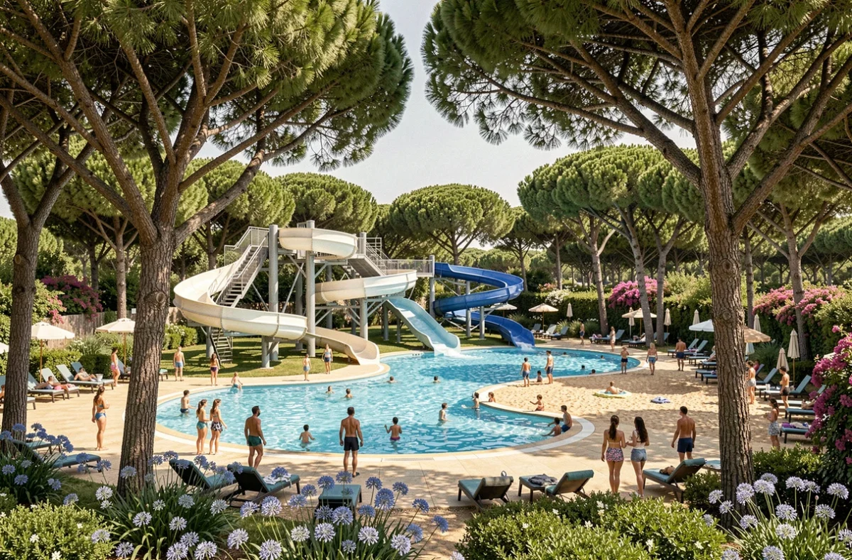 Parc aquatique avec toboggans et plage de sable entourés de pins parasols emblématiques au camping Le Pin Parasol en Vendée