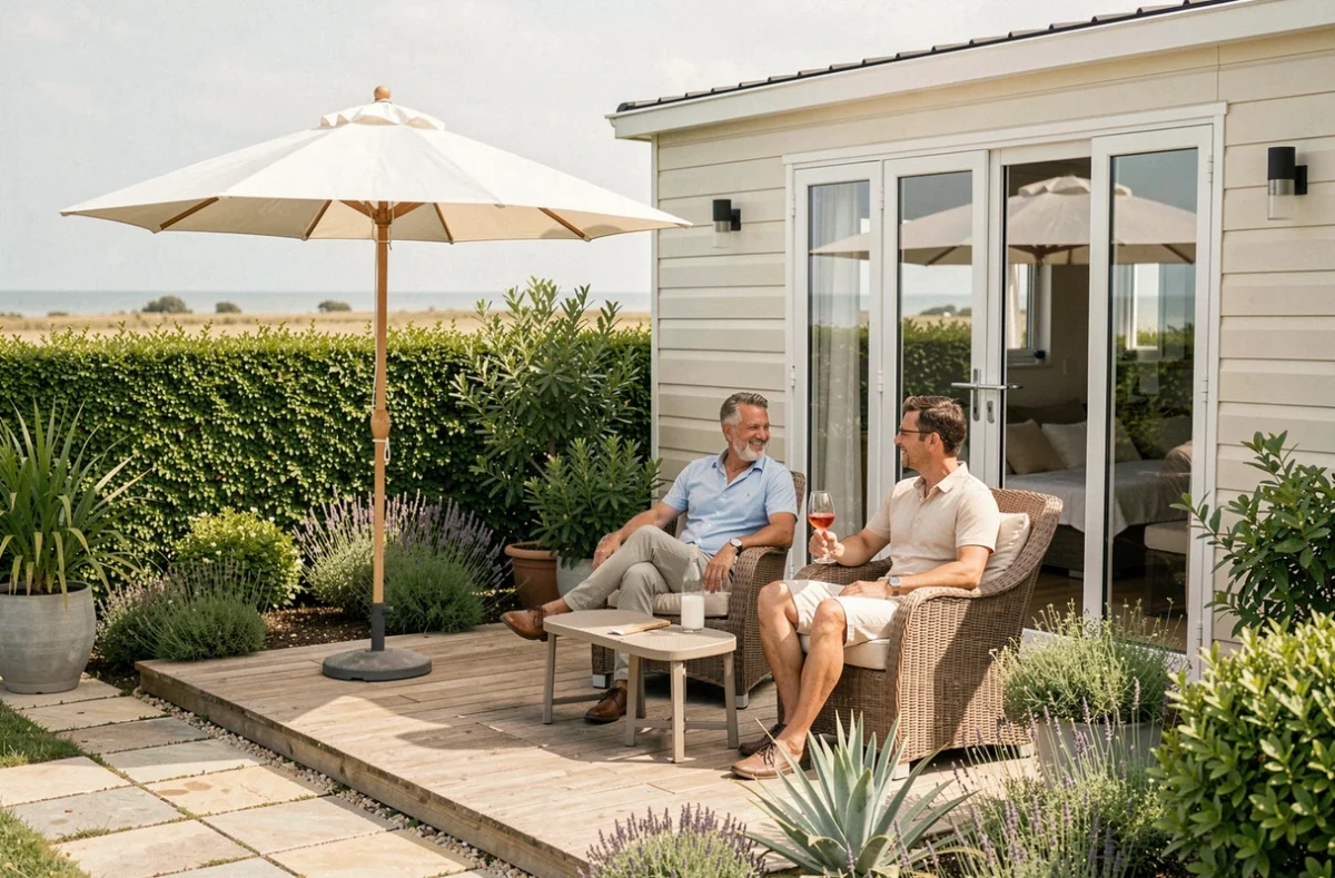 Couple profitant de la terrasse d'un mobil-home haut de gamme au camping Le Trianon en Vendée avec parasol et végétation soignée