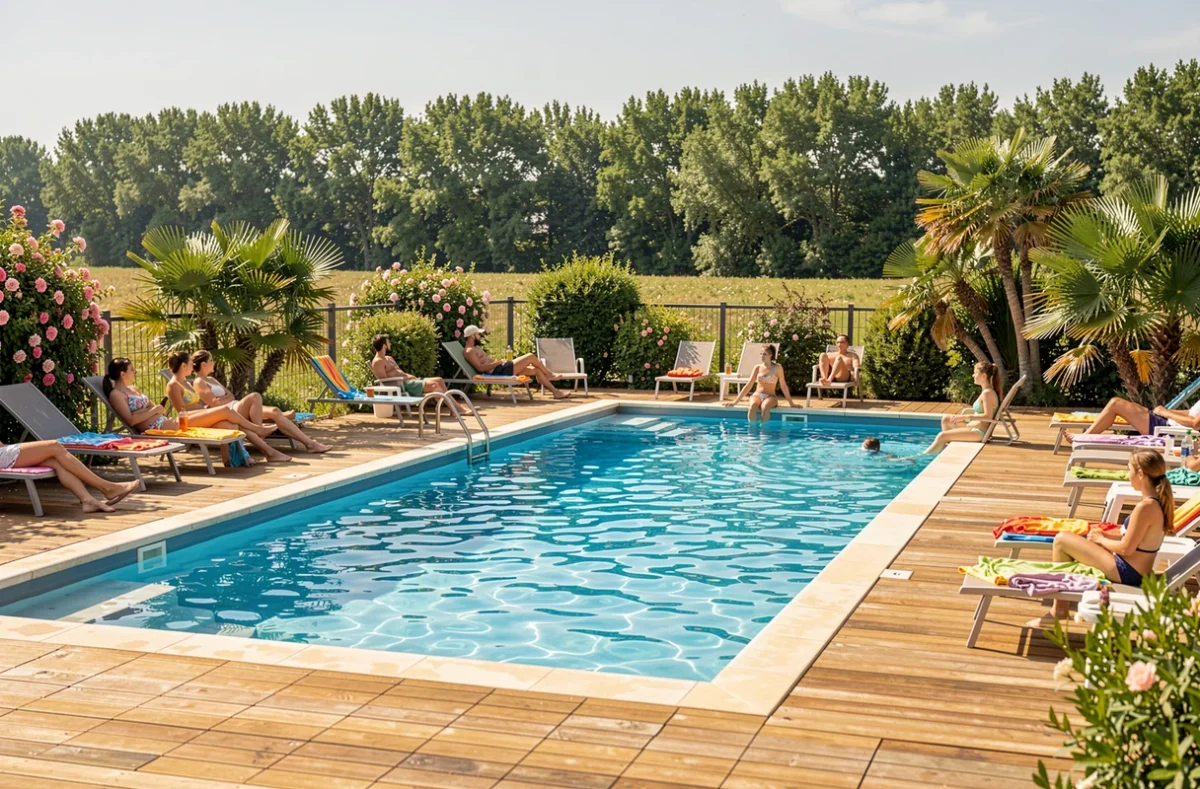 Piscine extérieure avec transats et vacanciers au camping Les Brunelles en Vendée sous un ciel d'été ensoleillé