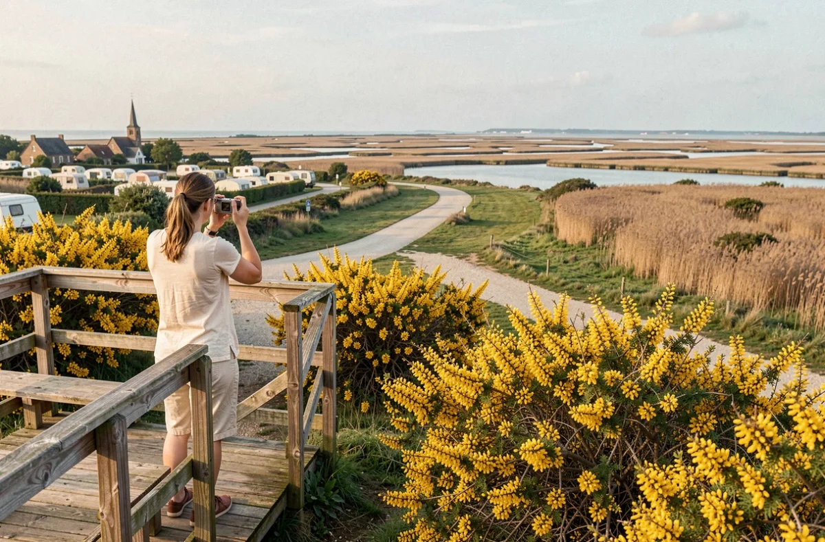 Femme photographiant le paysage de marais vendéen depuis la plateforme en bois du camping Les Genêts avec genêts fleuris en premier plan