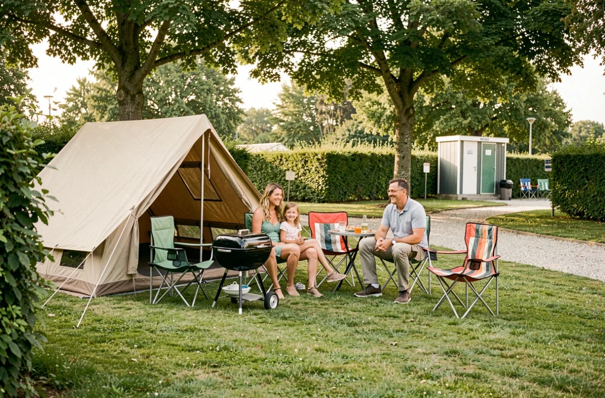 Famille installée sur son emplacement de tente au camping Les Pirons en Vendée avec mobilier de camping et haies verdoyantes