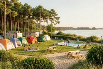 Vue panoramique d'un camping en Vendée avec tentes, mobil-homes et piscine entourés de pins sous le soleil d'été