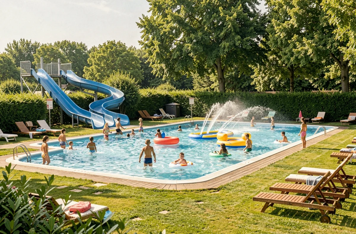Le parc aquatique animé du camping Village de la Guyonnière en Vendée avec toboggans et piscines entourés de verdure