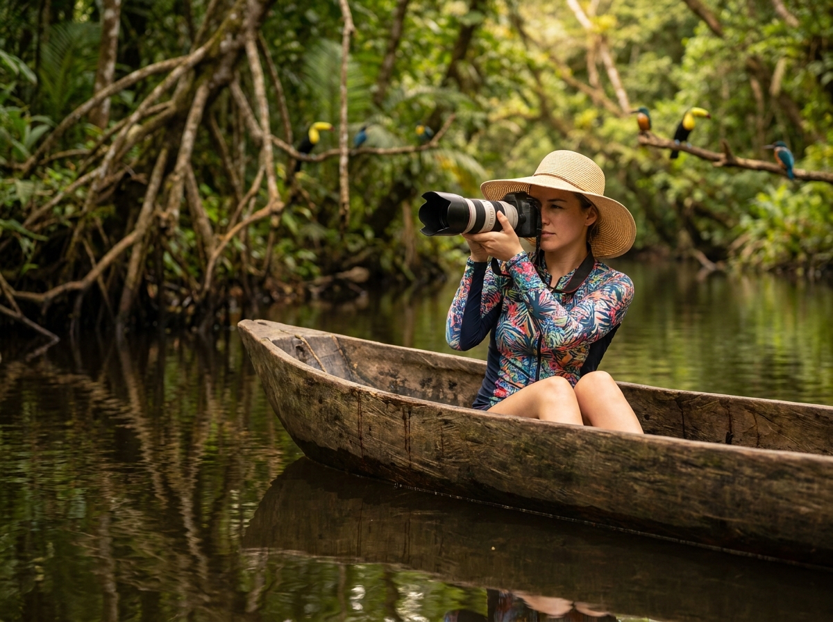 Touriste en canoë dans les canaux de Tortuguero observant la faune sauvage sur la côte caraïbe du Costa Rica