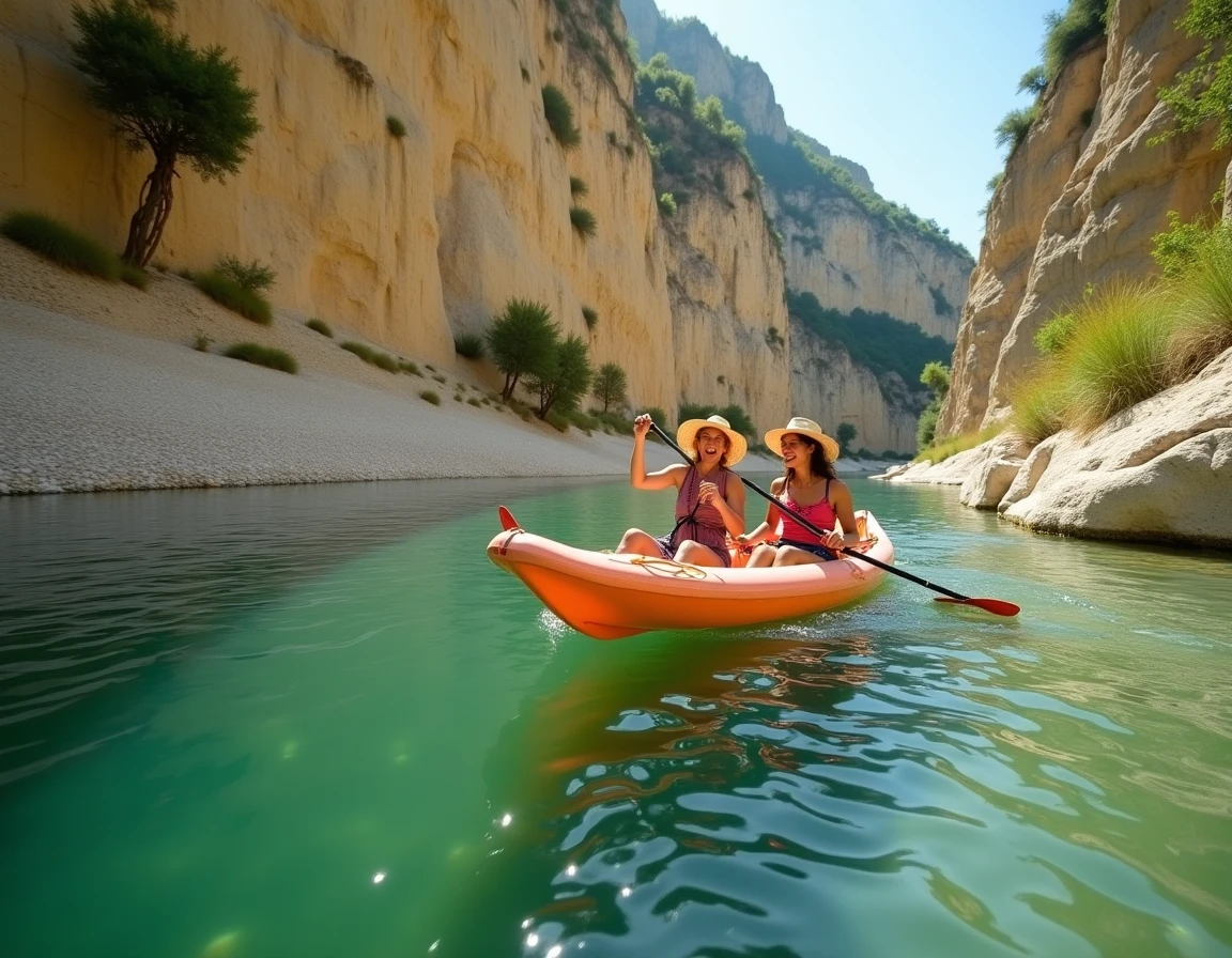 Couple en canoë transparent sur la rivière Ardèche entouré de falaises calcaires imposantes