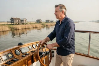 Capitaine à la barre d'un bateau de croisière fluviale sur l'estuaire de la Gironde avec des cabanes de pêcheurs en arrière-plan
