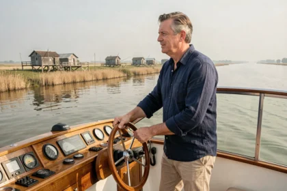 Capitaine à la barre d'un bateau de croisière fluviale sur l'estuaire de la Gironde avec des cabanes de pêcheurs en arrière-plan