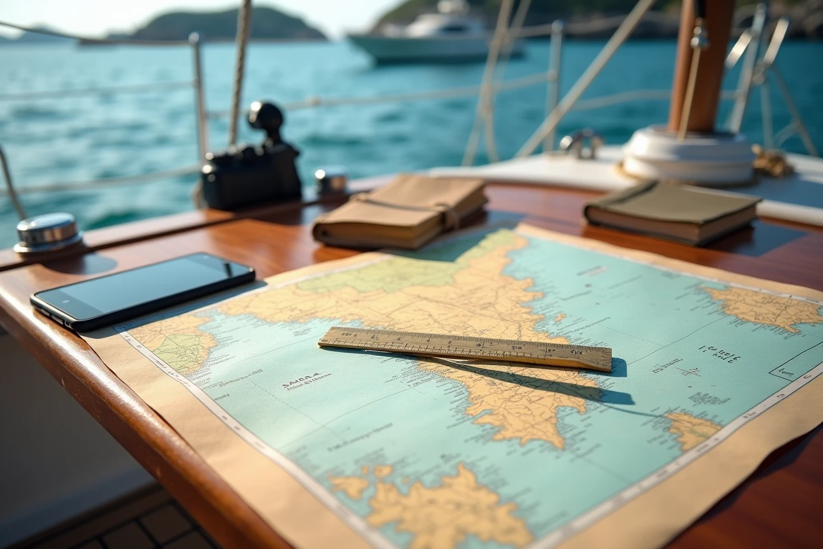 Carte nautique de la Sardaigne ouverte sur une table de cockpit en teck avec compas de navigation et carnet de bord pour préparer une croisière à Porto Cervo