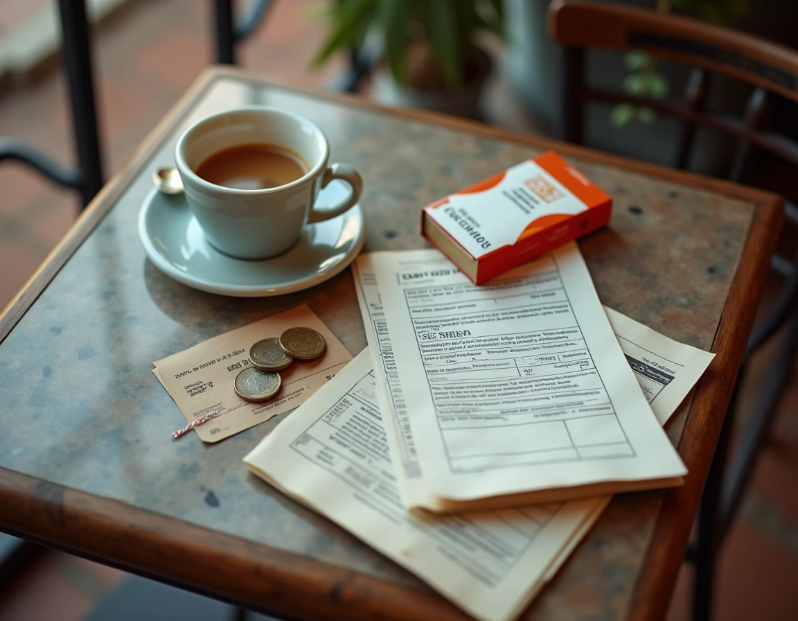 Vue en plongée d'un carton de cigarettes avec documents douaniers et euros sur une table de café espagnol