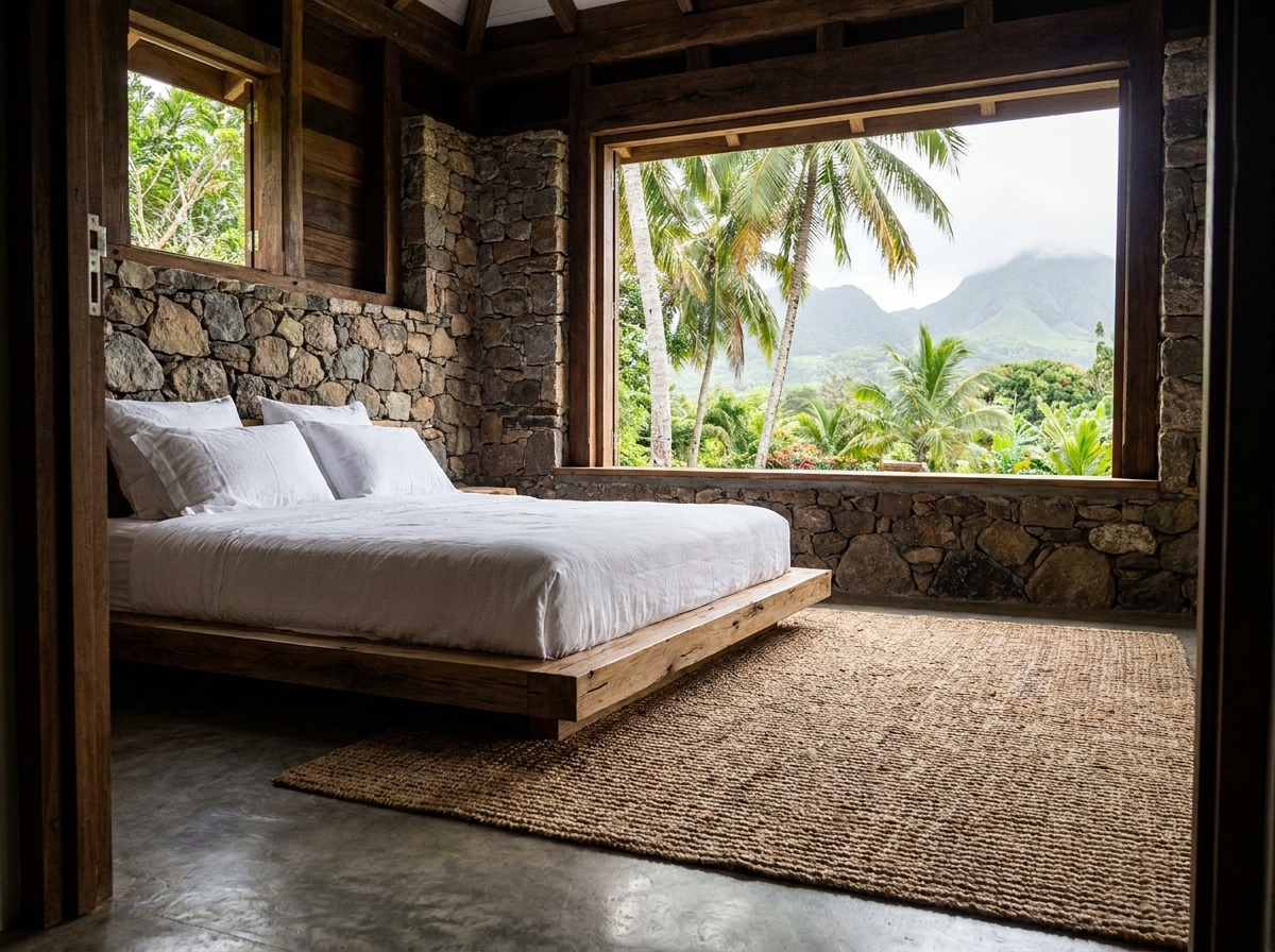 Intérieur d'une chambre d'écolodge en Guadeloupe avec matériaux naturels pierre bois et vue sur la végétation tropicale