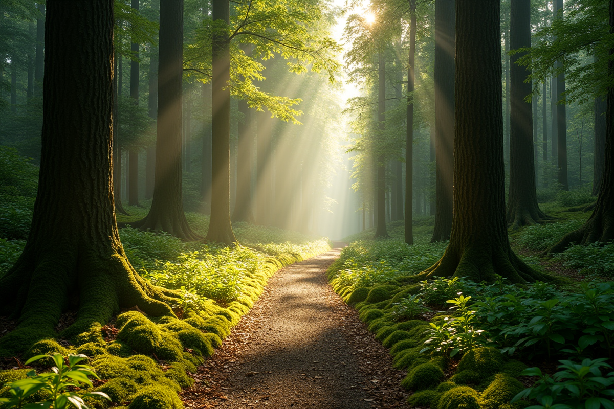 Sentier en forêt ensoleillée avec lumière tamisée
