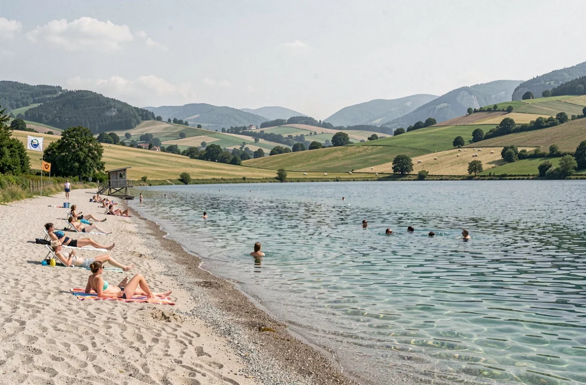 Plage d'excellence de Cholonge au lac de Laffrey en Isère avec eau cristalline et collines verdoyantes en arrière-plan