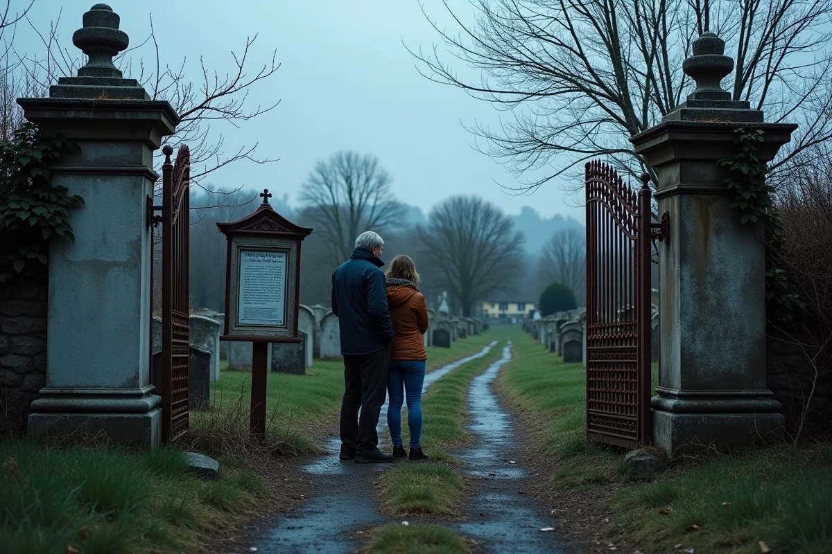 Couple adulte visitant le cimetière d'un village fantôme français à la tombée de la nuit, pierres tombales envahies par le lierre et portail en fer forgé rouillé