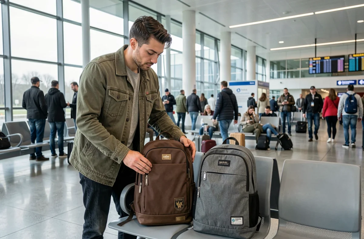Homme comparant deux sacs à dos de voyage dans un aéroport, l'un haut de gamme et l'autre abordable, pour évaluer le meilleur rapport qualité-prix