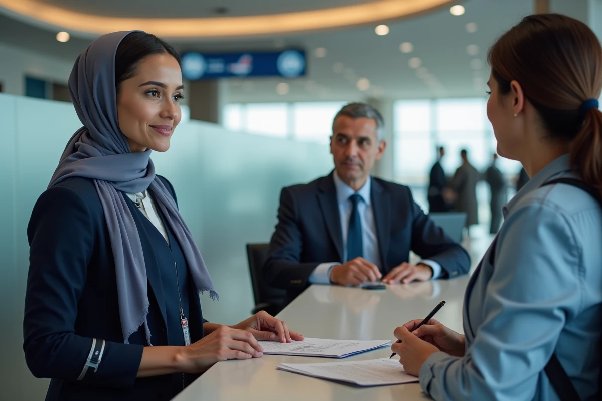 Agent de compagnie aérienne aidant des passagers au comptoir de service de l'aéroport Al Massira lors d'un vol annulé