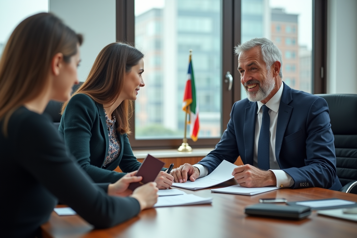 Couple en réunion dans un consulat moderne